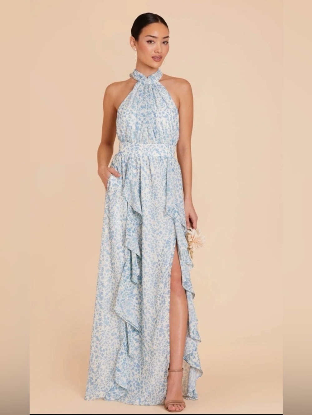 Birdy Grey Joyce Dreamy Ditzy Halter Neck Blue Floral Chiffon Maxi Dress - M